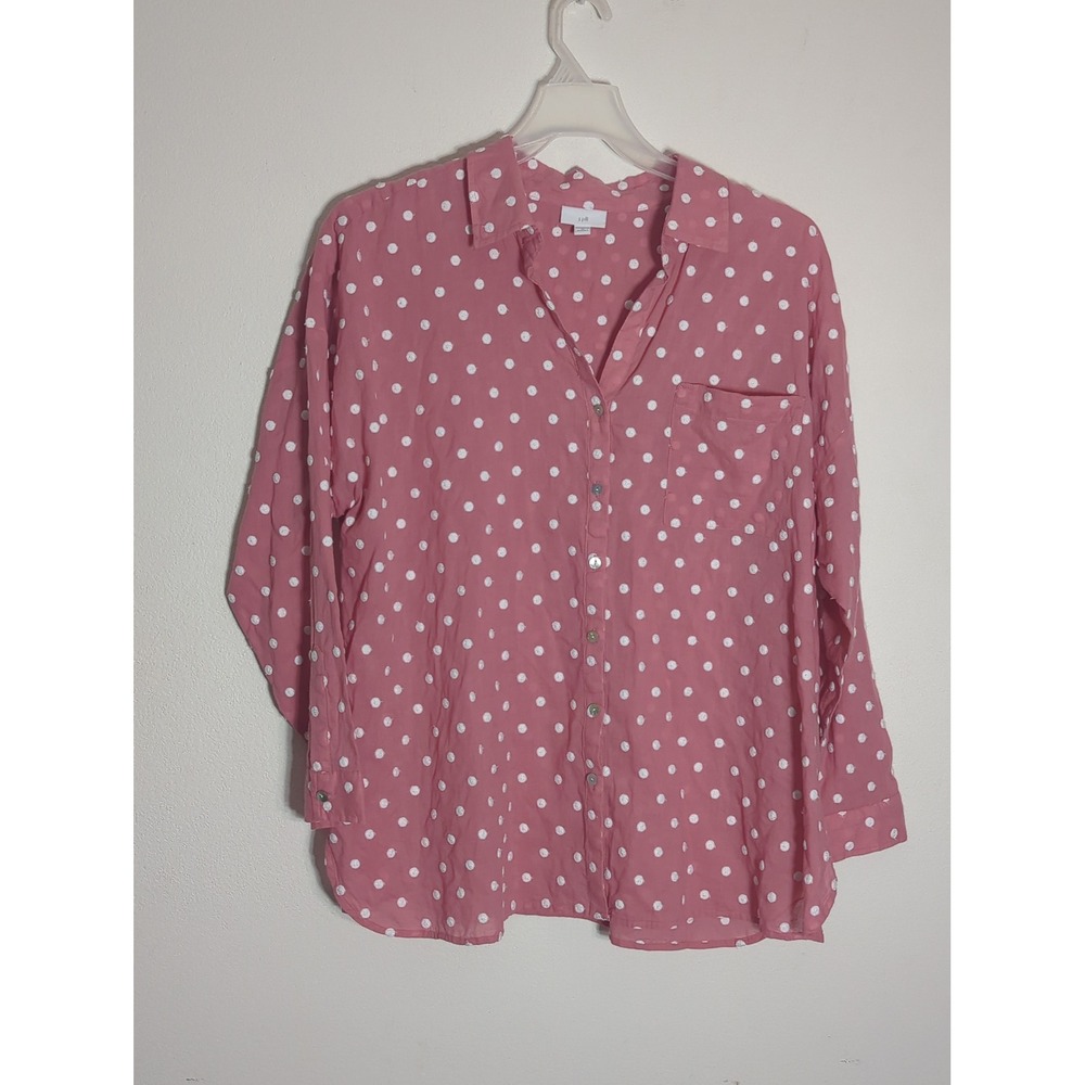 J. Jill Womens Pink Polka Dot Cotton Button Down Shirt 2X Long Sleeve Blouse